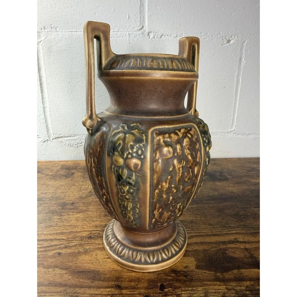 Roseville Pottery Grapevine Amphora Vase Double Handle Brown Art Pottery 8.5”